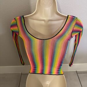 Rave Wonderland Rainbow Mesh Crop Top Festival Y2K Sheer OS